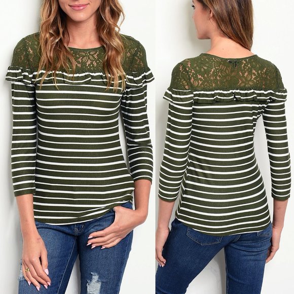 Olive White Stripe Lace Ruffle Soft Stretch Top - Picture 1 of 7